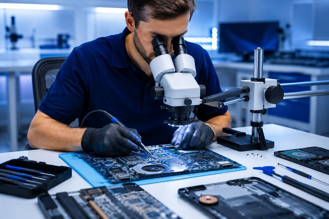 Fix My Lap engineer doing chip-level laptop repair under a microscope